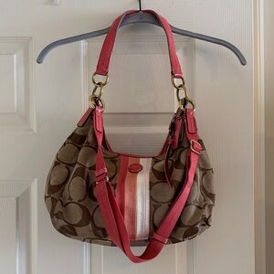 Vintage Y2K Coach Brown Signature Print Shoulder Bag with White, Peach, and Pink